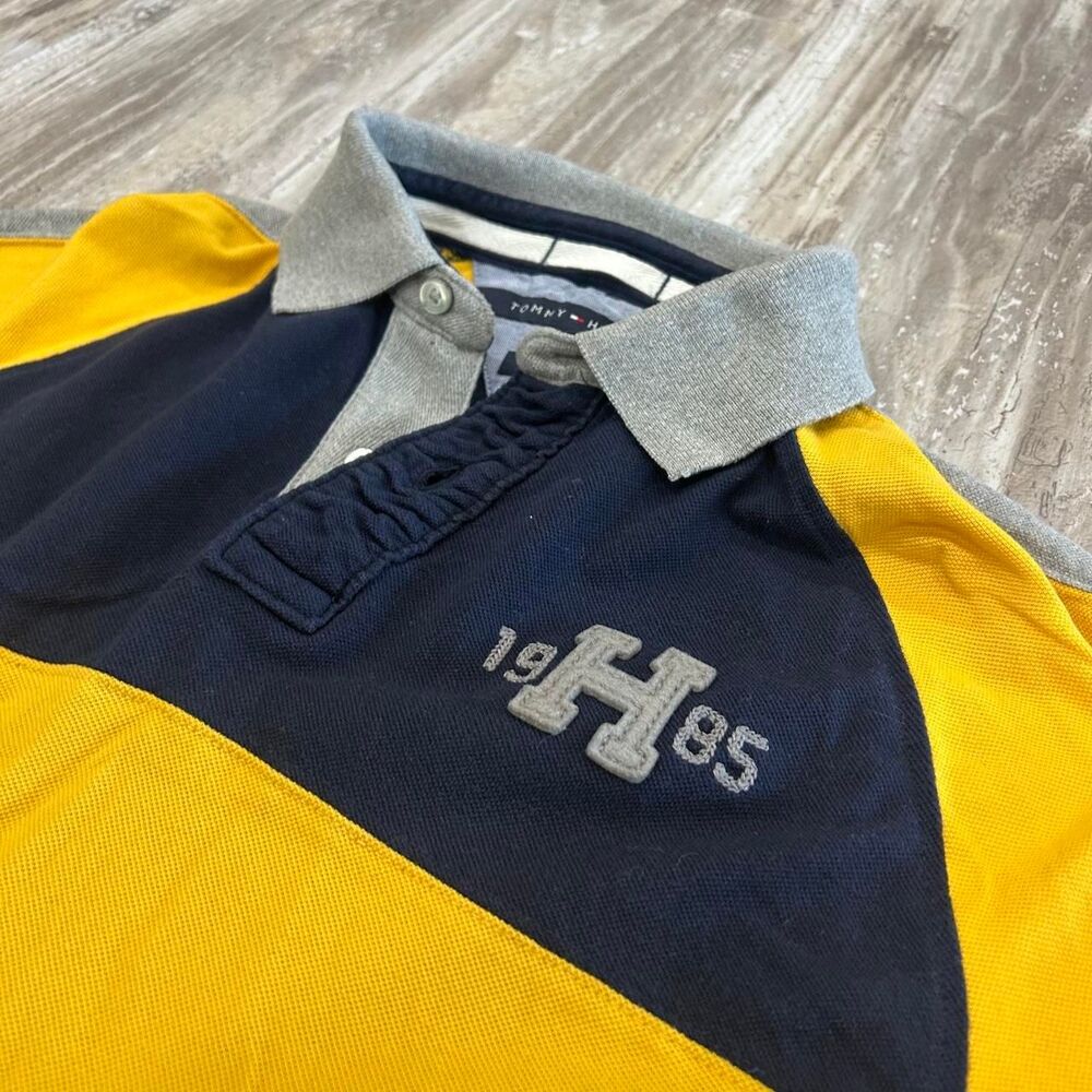 Tommy Hilfiger Men's preppy y2k retro yellow + navy blue polo shirt
